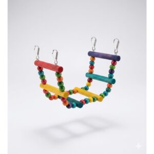 גשר מעבר צבעוני לתוכים – סולם עץ גמיש עם פעמונים לתלייה