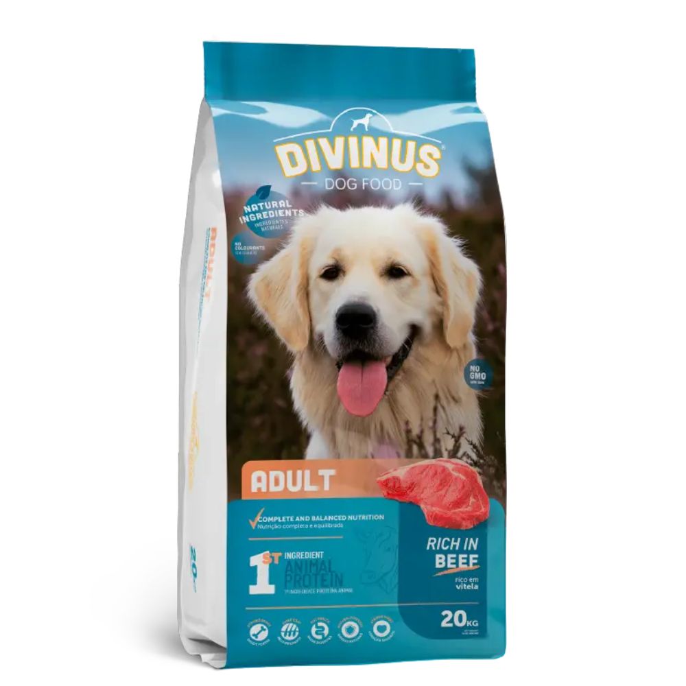 שק מזון 20 קילו לכלבים בוגרים מכל הגזעים בטעם בשר בקר - divinus pet nutrition