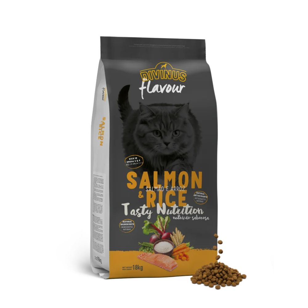 שדרגו את הארוחה של החתול עם Divinus Flavour סלמון ואורז. מזון עשיר באומגה 3 לפרווה מבריקה, 30% חלבון וטאורין לבריאות הלב. זמין ב-18 ק"ג.